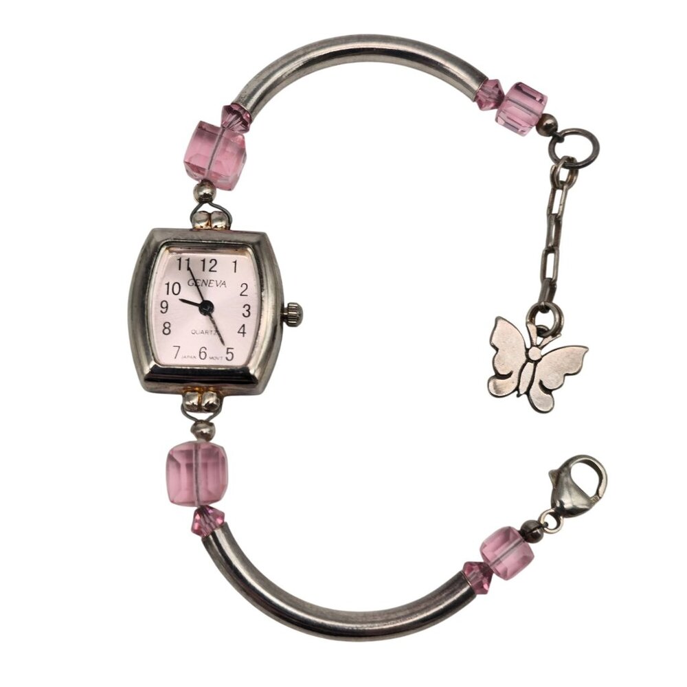 Geneva 925 Sterling Silver Quartz Watch Pink Beaded Bracelet Butterfly Charm